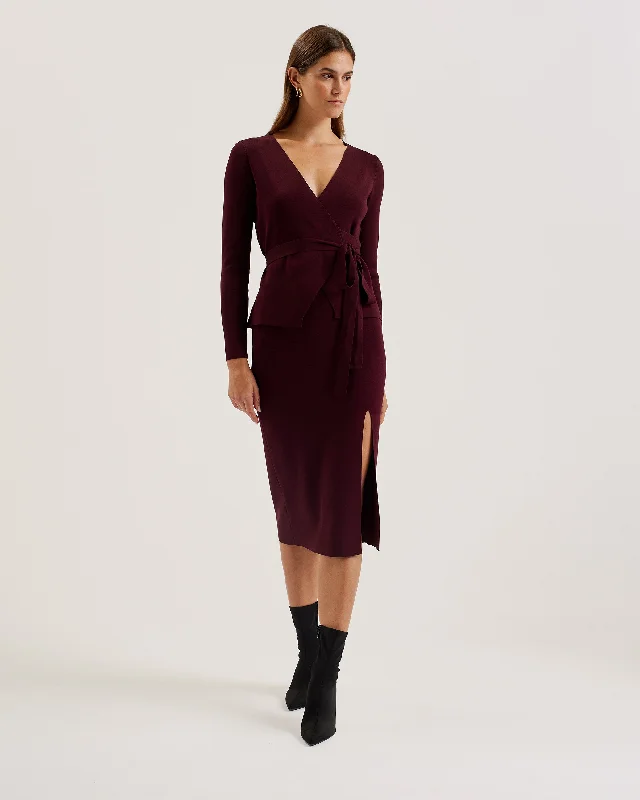 Darleee Bodycon Knitted Skirt With Front Split Dk-Red low waist skirt