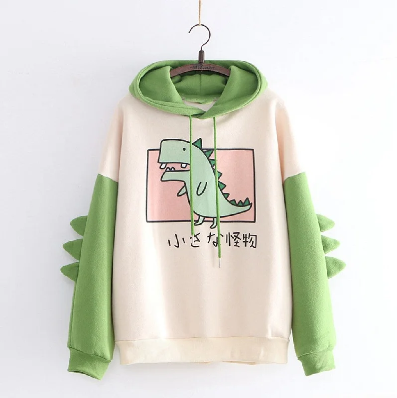 Dinosaur Sweatshirts Women Hoodies Warm Pullovers Tops With Horns Hoodie with Hem Contrast Bold Stylish