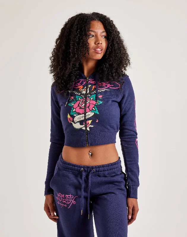 Ed Hardy Eagle Rose Full-Zip Fleece Hoodie Hoodie with Distressed Vintage Worn