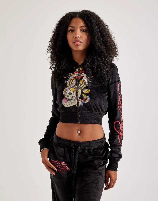 Ed Hardy NYC Skull Full-Zip Velour Hoodie Hoodie with Cropped Fit Short Trendy