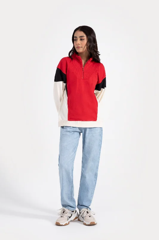 Boxy Fit Color Block Sweatshirt Hoodie with Hem Elastic Stretchable Comfortable