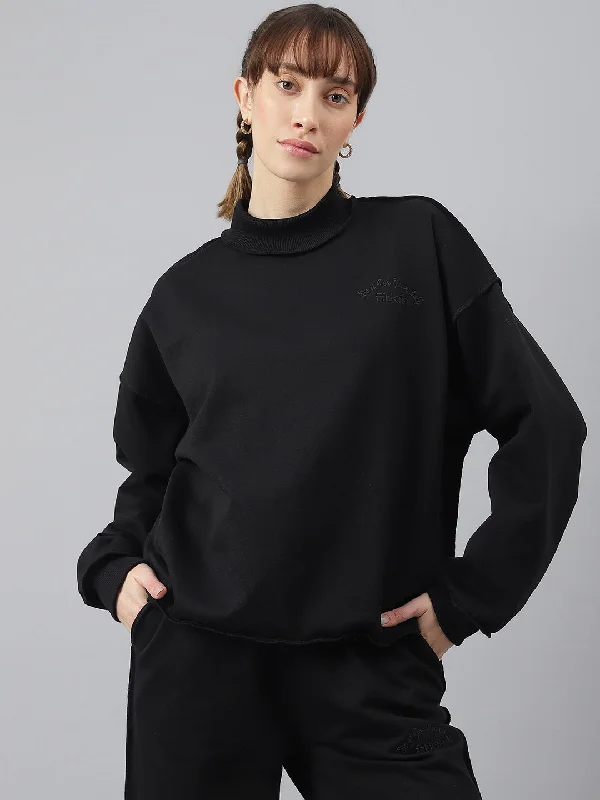 Fitkin Women Black Crew Neck Oversized Designer Sweatshirt Hoodie with Mesh Breathable Sporty