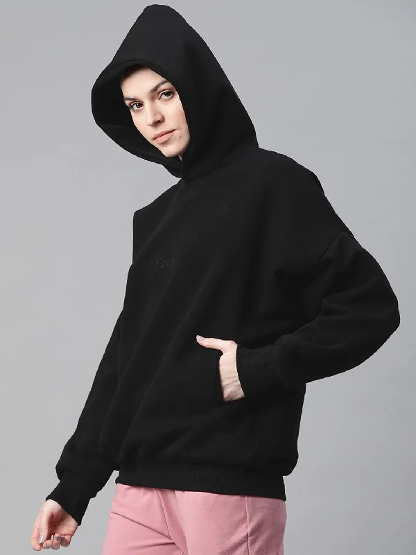 Women's Black Solid Hooded Sweatshirt Hoodie with Mock Neck Collared Structured