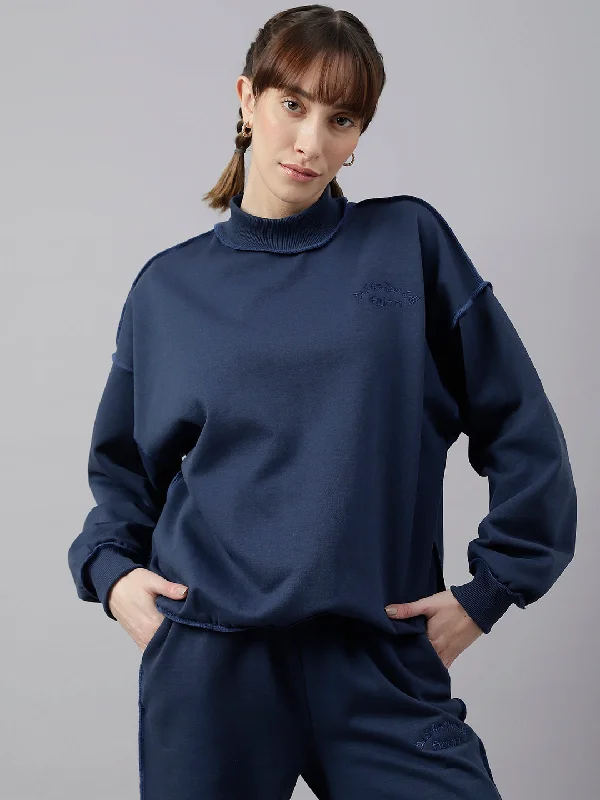 Fitkin Women Blue Crew Neck Oversized Designer Sweatshirt Hoodie with Tied Waist Feminine Flattering