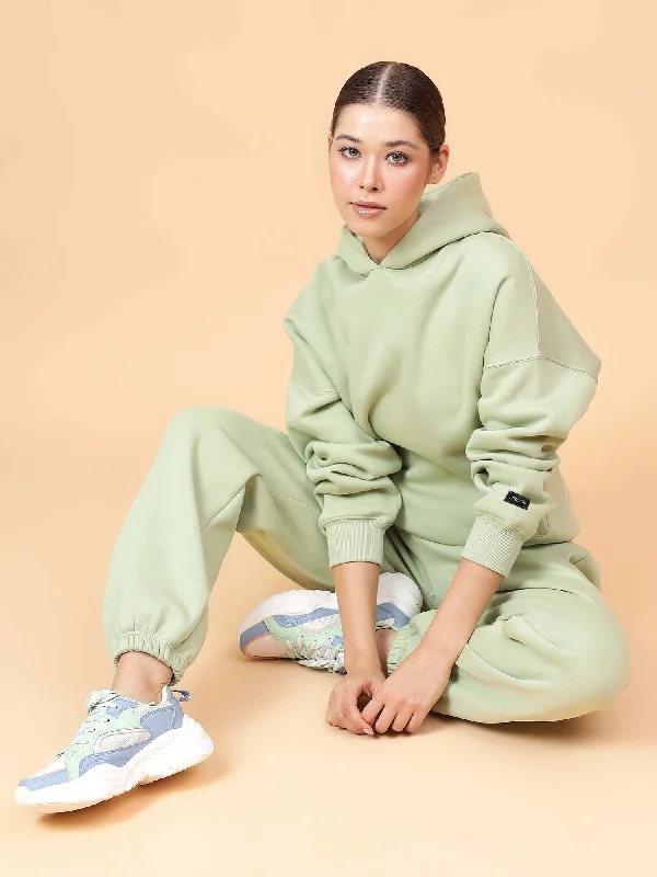 Fitkin Women Solid Pista Green CozyCore Fleece Hoodie Hoodie with Camouflage Military Edgy