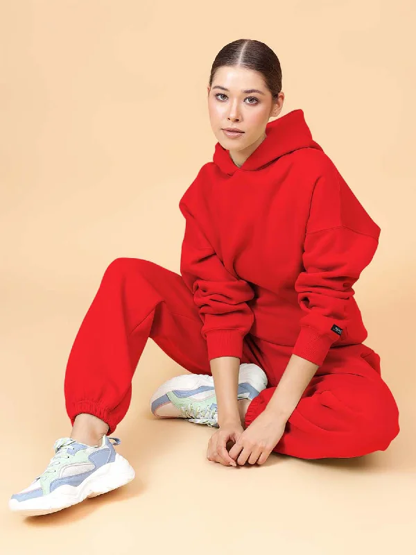 Fitkin Women Solid Red CozyCore Fleece Hoodie Hoodie with Hem Embroidery Detailed Premium Fitkin Women Solid Red CozyCore Fleece Hoodie Hoodie with Hem Embroidery Detailed Premium