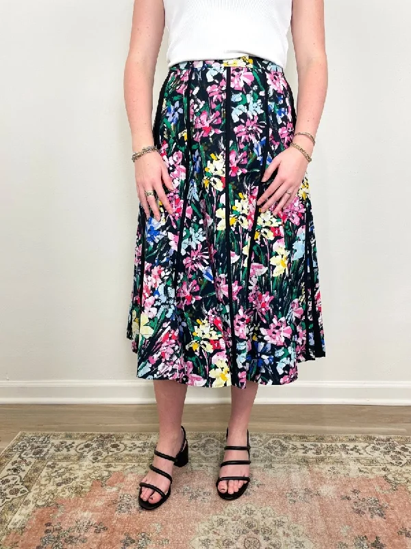 Flowerworks Godet Skirt in Black Multi denim skirt stylish