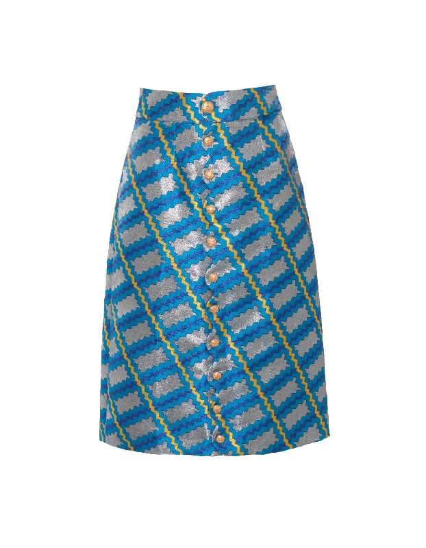 Frankie Blue Trench Print Silk Jacquard Midi Skirt chiffon skirt flowing