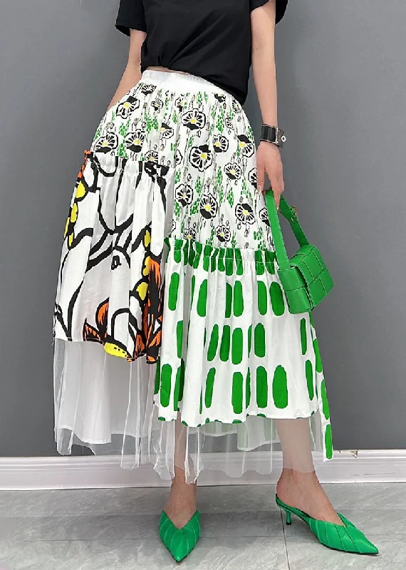 French Green Print Elastic Waist Tulle Patchwork Cotton Beach Skirts Summer silk skirt lustrous