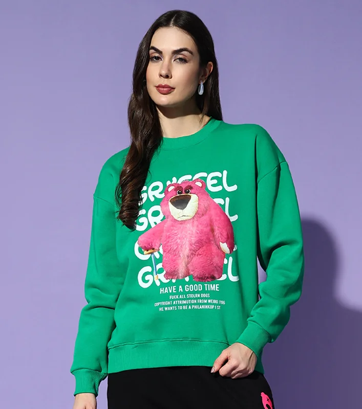 FULL TEDDY BEAR Round Neck Oversized Sweatshirt Hoodie with Frayed Bohemian Relaxed