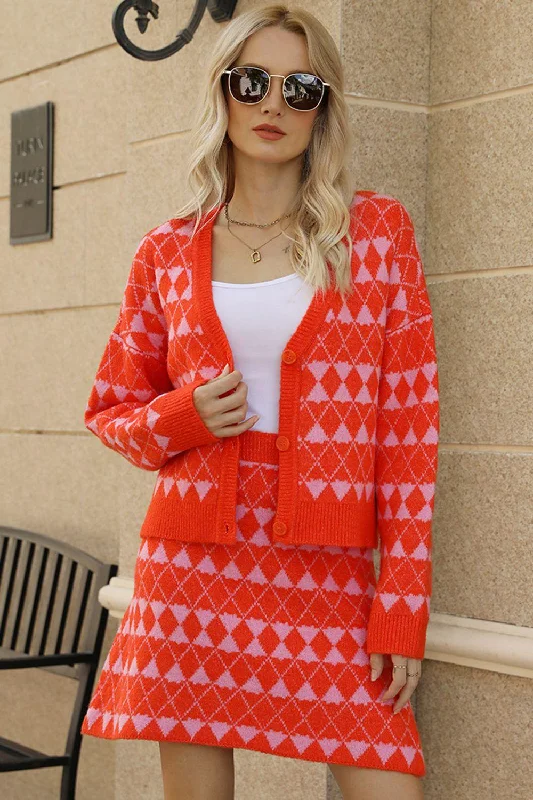 Dropped Shoulder Cardigan and Knit Skirt Set zip skirt side