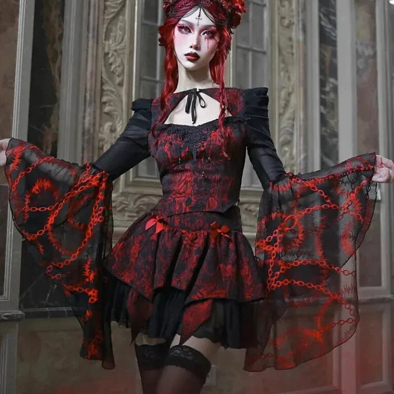 Gothic Embroided Hollow Out Flying Sleeve Blouse Mini Skirt Set for Women linen skirt natural
