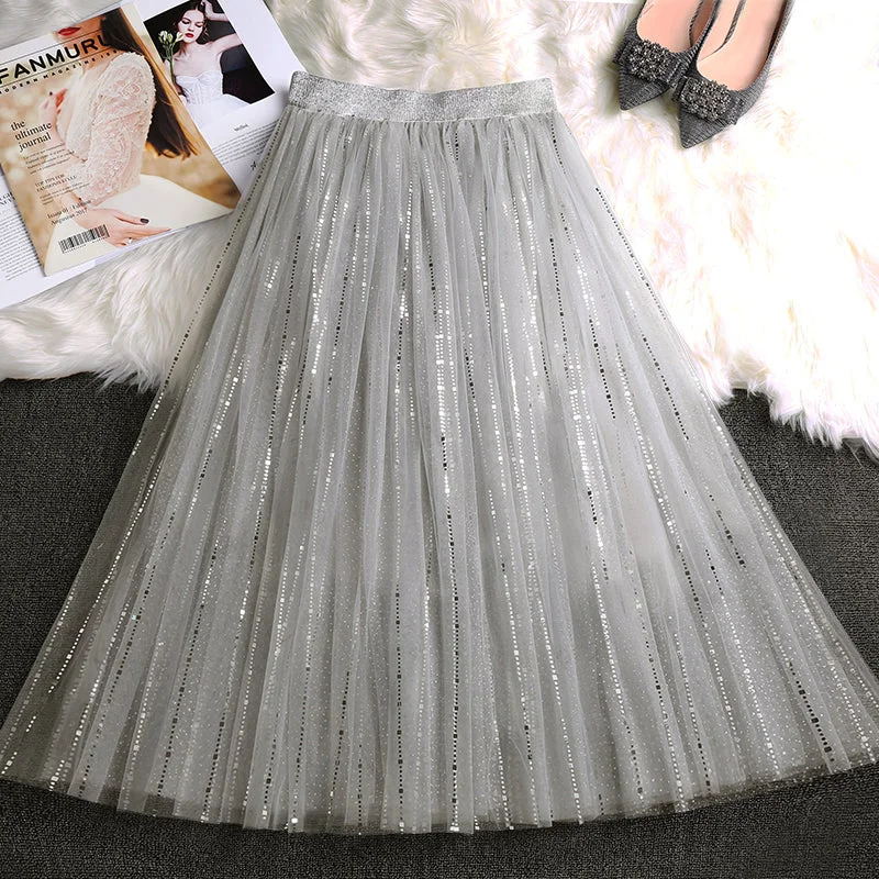 Handmade Grey Sequins tulle Pleated Summer Skirts velvet skirt rich