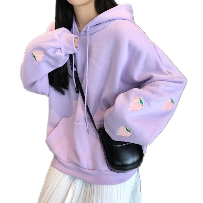Harajuku Strawberry Embroidery Lavender Sweatshirt Autumn Winter Women Kawaii Loose Long Sleeves Tops Oversized Hoodies Hoodie with Frayed Bohemian Relaxed