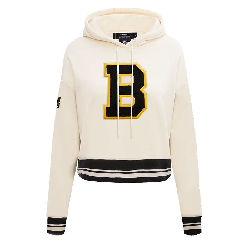 NHL BOSTON BRUINS RETRO CLASSIC WOMEN'S RIB CROPPED PO HOODIE (EGGSHELL/ BLACK) Hooded Sweatshirt Casual Wear Street Style NHL BOSTON BRUINS RETRO CLASSIC WOMEN'S RIB CROPPED PO HOODIE (EGGSHELL/ BLACK) Hooded Sweatshirt Casual Wear Street Style
