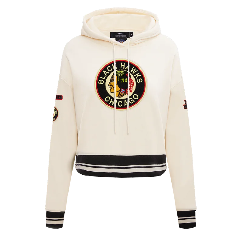 NHL CHICAGO BLACKHAWKS RETRO CLASSIC WOMEN'S RIB CROPPED PO HOODIE (EGGSHELL/ BLACK) Cotton Hoodie Fleece Lining Warmth NHL CHICAGO BLACKHAWKS RETRO CLASSIC WOMEN'S RIB CROPPED PO HOODIE (EGGSHELL/ BLACK) Cotton Hoodie Fleece Lining Warmth