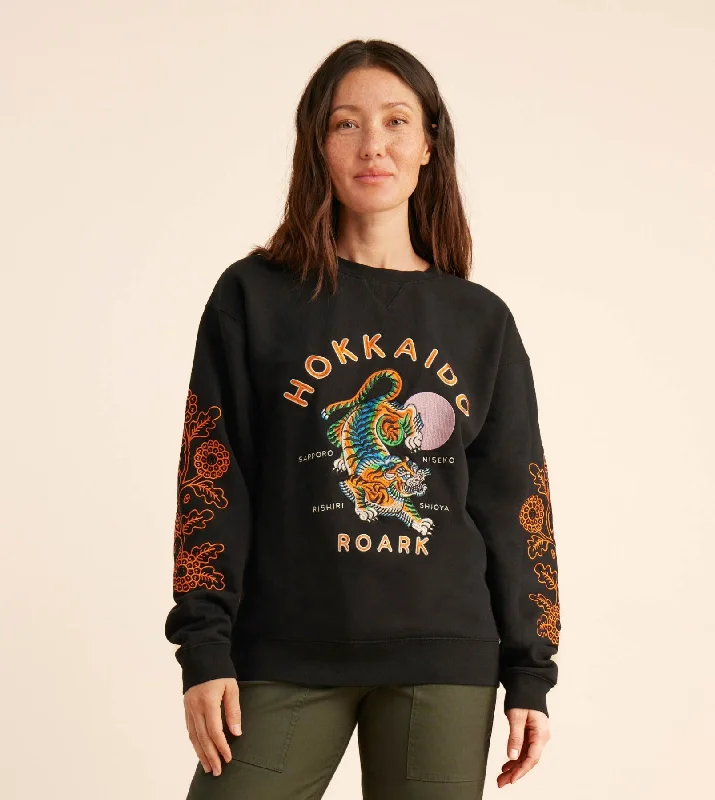 Hokkaido Tiger Club Fleece Sweatshirt Hoodie with Raw Hem Edgy Unfinished