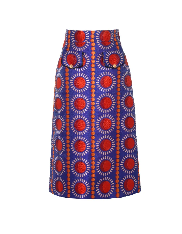 Iona Blue Sun Print Silk Jacquard Midi Skirt low waist skirt