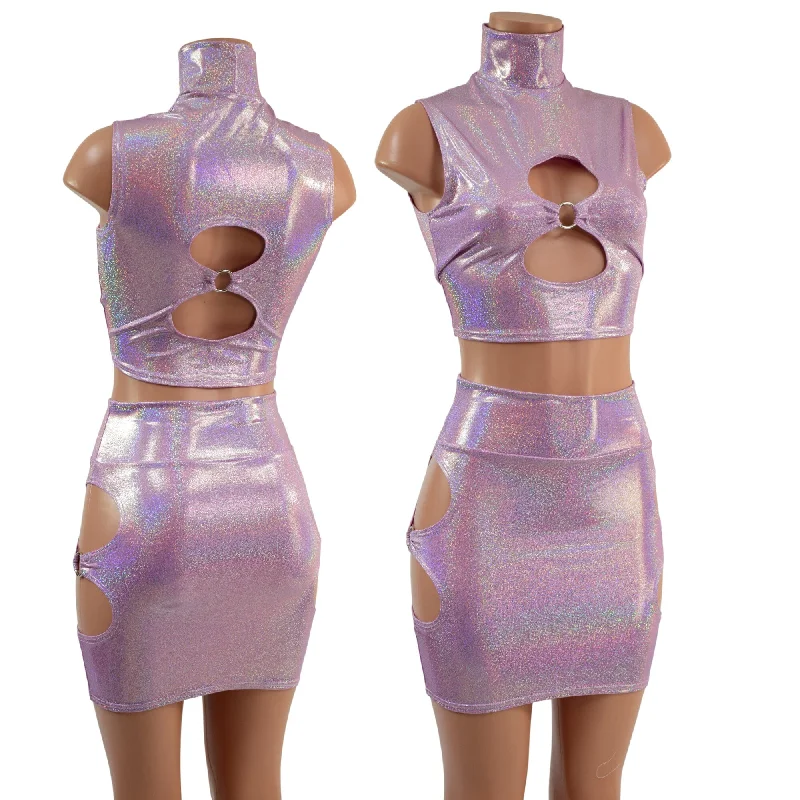 Lilac Holographic O-ring Cutouts Crop Top and Skirt Set leather skirt modern