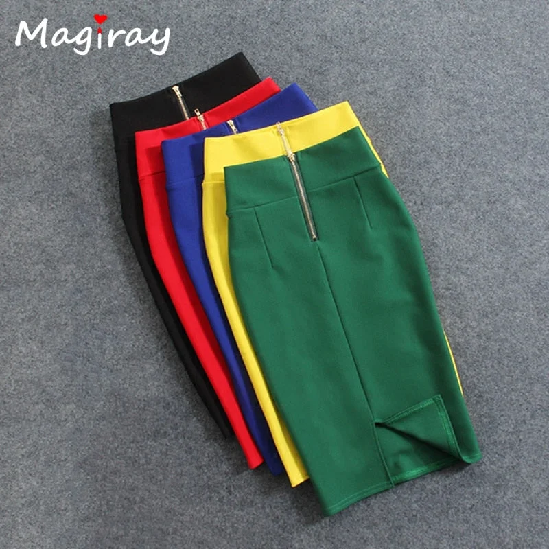 Magiray High Waist Elastic Pencil Skirt Female Bodycon Skirts Womens Summer 2020 Knee Length Back Split Ladies Office Saia C571 maxi skirt elegant