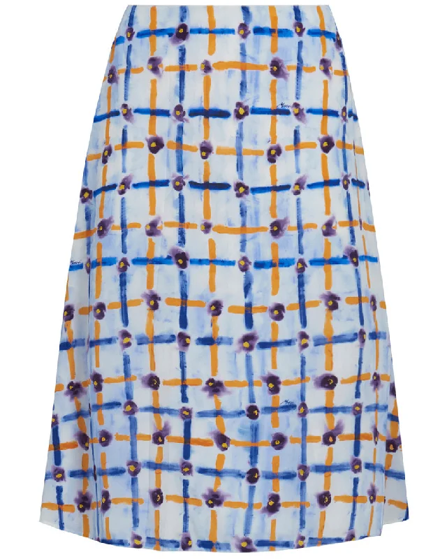 Light Blue Saraband Print Midi Skirt wool skirt breathable