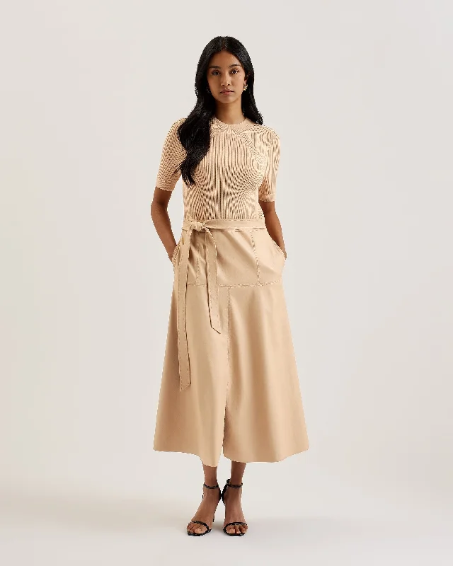 Matiar Knitted Bodice Faux Leather Skirt Mid Camel denim skirt stylish