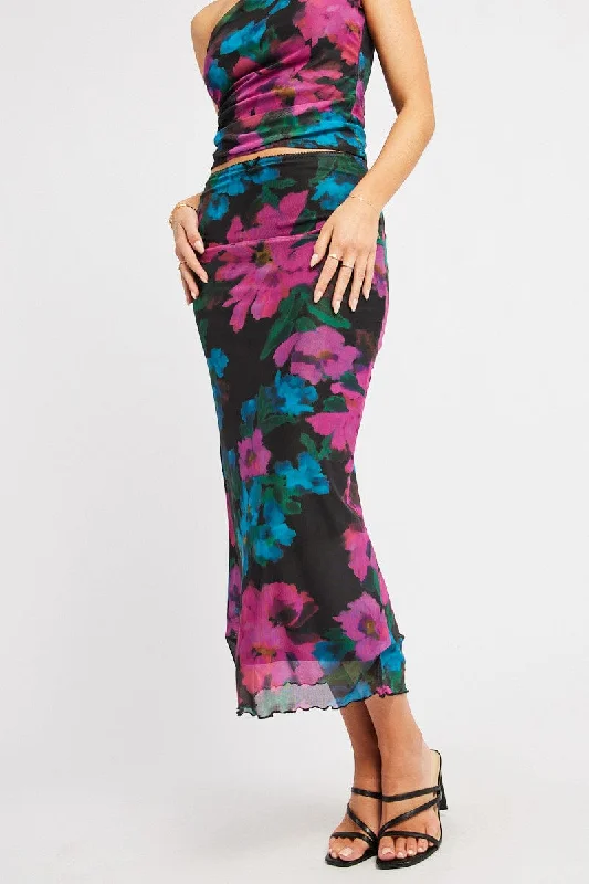 Multi Floral Mesh Skirt Elasticated Picot Trim Midaxi leather skirt bold