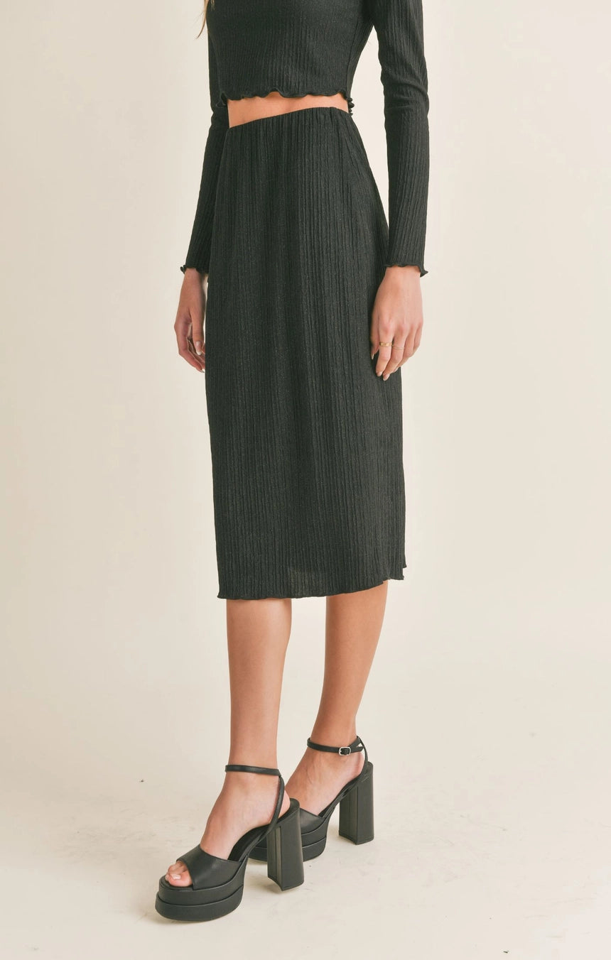 NELLY LETTUCE HEM MIDI SKIRT silk skirt lustrous