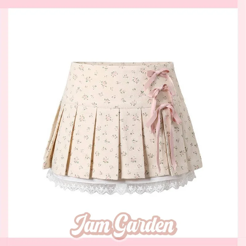 Original design lace patchwork mini bow pleated skirt silk skirt smooth