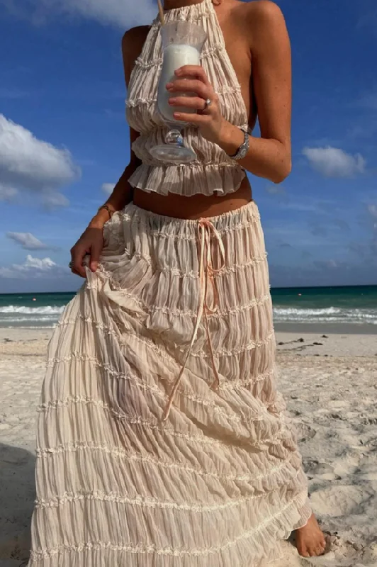 Lilipretty Versatility and Vintage Charm Pleated Drawstring Waist Tiered Maxi Skirt corduroy skirt textured