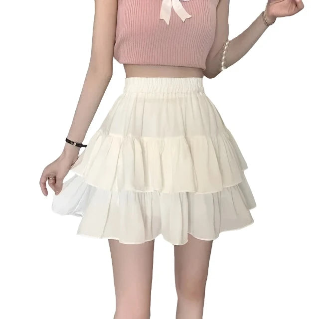 Pleated A-line Skirt White Women Ruffles Sweet Hottie Preppy Style Elastic Elastic Waist Slim Thin SimpleCasual Summer Wholesale linen skirt light