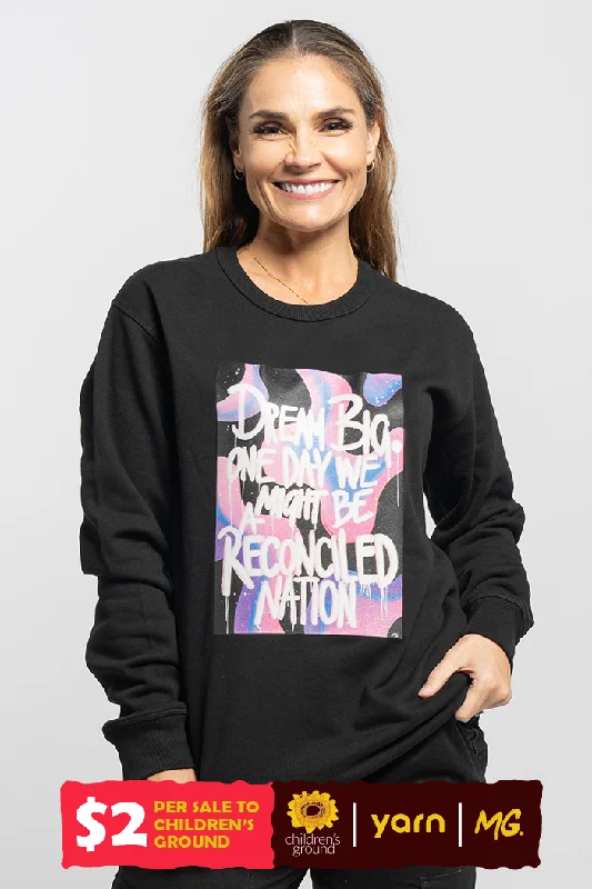 Reconciled Nation (Purple) Black Cotton Blend Crew Neck Women's Sweatshirt Hoodie with High-Low Hem Asymmetrical Trendy Reconciled Nation (Purple) Black Cotton Blend Crew Neck Women's Sweatshirt Hoodie with High-Low Hem Asymmetrical Trendy