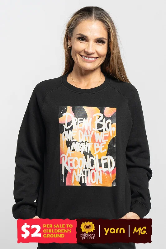 Reconciled Nation (Yellow) Black Cotton Blend Crew Neck Women's Sweatshirt Hoodie with Side Slits Relaxed Casual Reconciled Nation (Yellow) Black Cotton Blend Crew Neck Women's Sweatshirt Hoodie with Side Slits Relaxed Casual