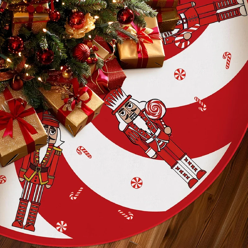 Red Christmas Tree Skirt with Candy Cane and Nutcracker Decorations - 48" vintage skirt charm