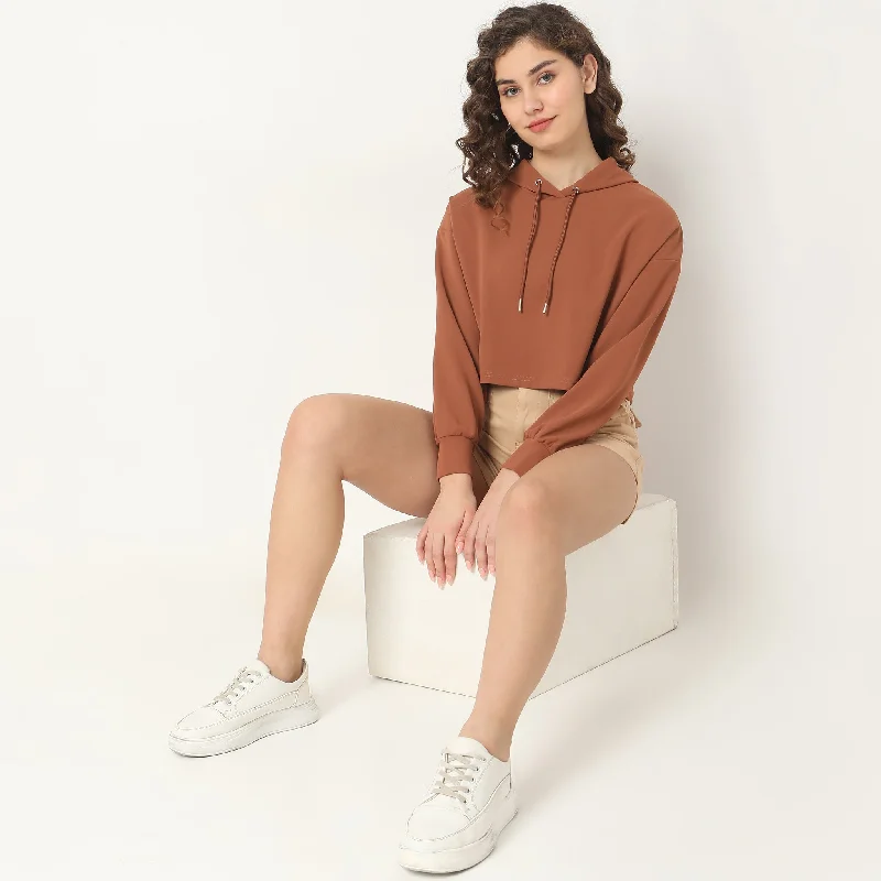 Regular Fit Solid Sweatshirt Hoodie with Cropped Fit Short Trendy