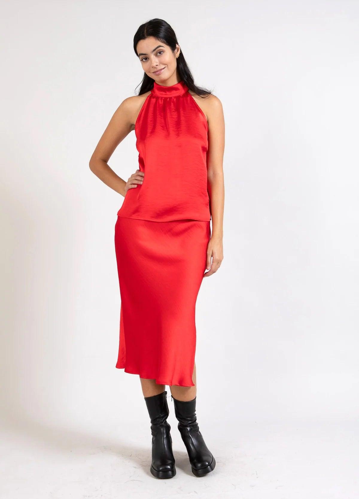 Coster Skyler Mid Length Skirt in Red leather skirt modern