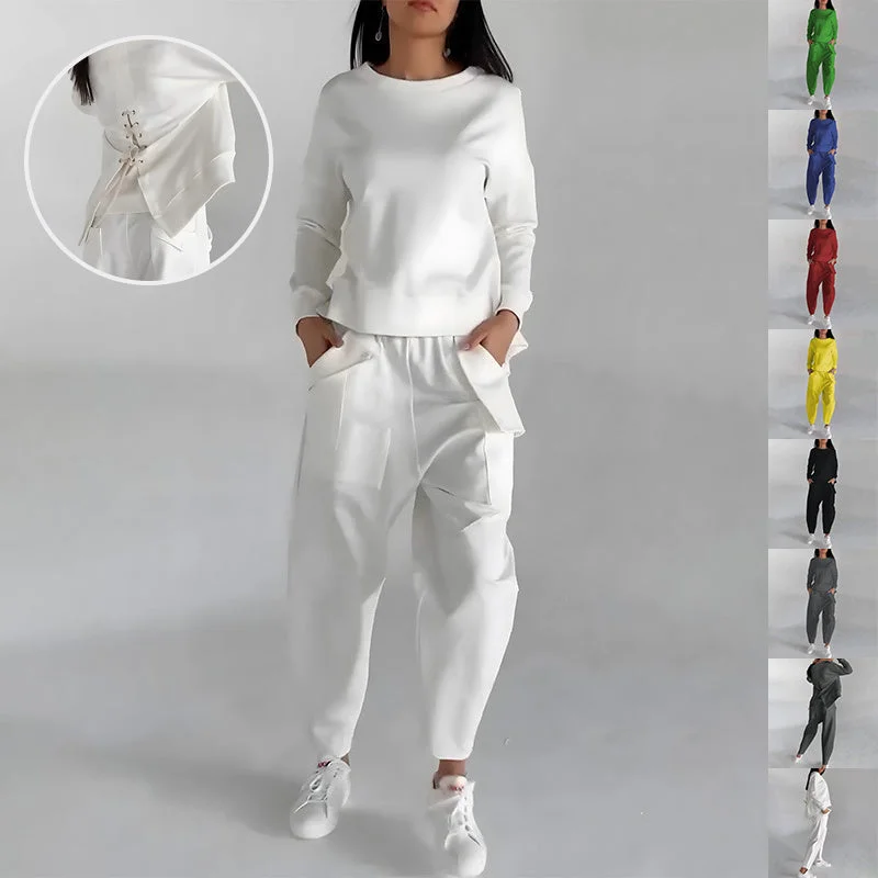 Solid Color Fashion Sweatshirt Long Sleeve Back Slit Top With Pockets Loose Trousers Women's Clothing Hoodie with Contrast Stitching Detailed Premium