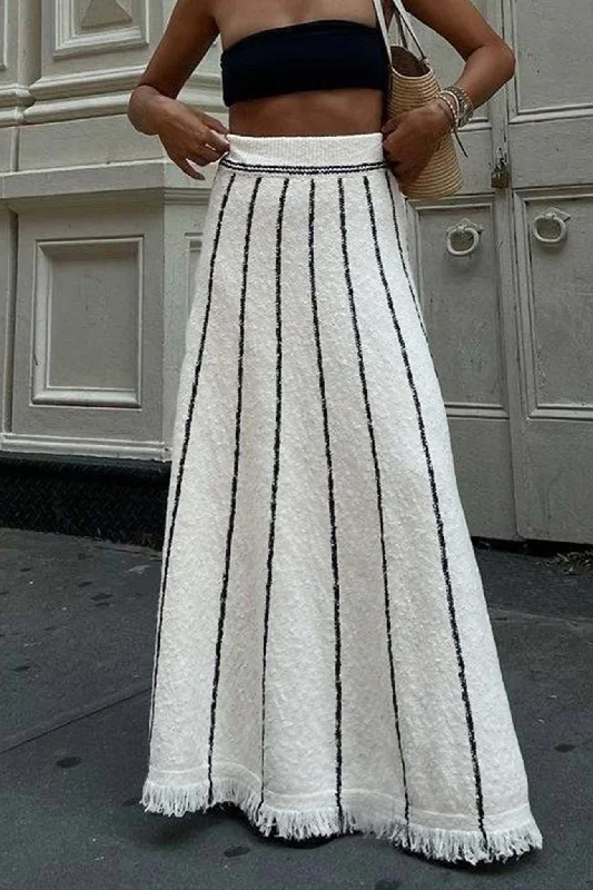 Striped Fringe Hem Knit Skirt wool skirt sturdy