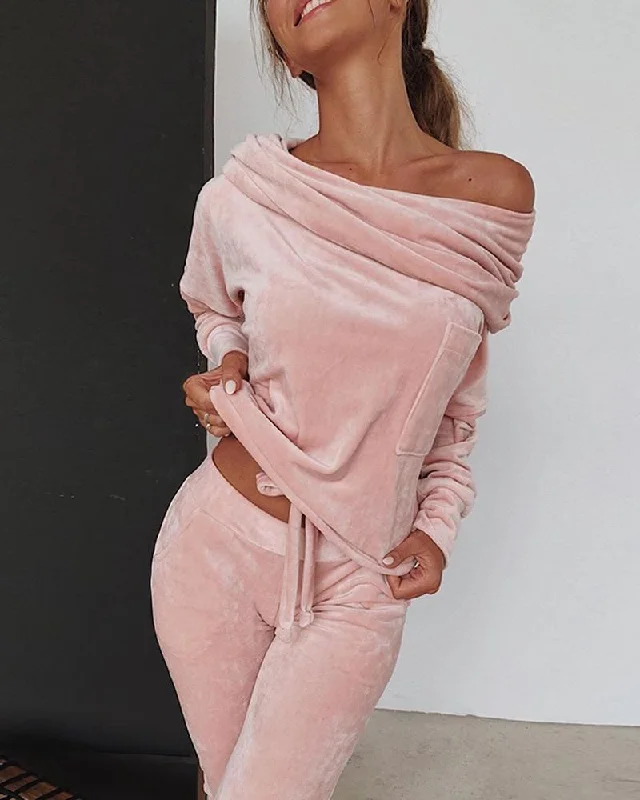 Sweatshirt Women 2 pieces Set Tracksuit Autumn One shoulder Sweatshirt Pants Sets Sport Wear Tracksuit Velvet Lounge Suit Hoodie with Camouflage Military Edgy