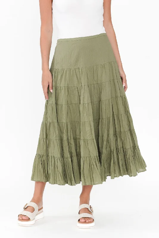 Taurus Khaki Cotton Tiered Skirt corduroy skirt cozy