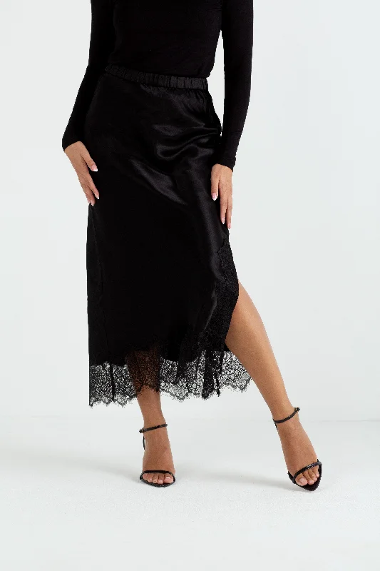 "The Orla" - Satin Lace Midi Skirt (Black) wool skirt sturdy