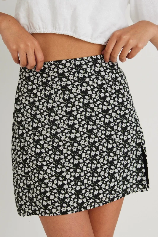 Triumph Black Ditsy Floral Split Front Mini Skirt pencil skirt chic