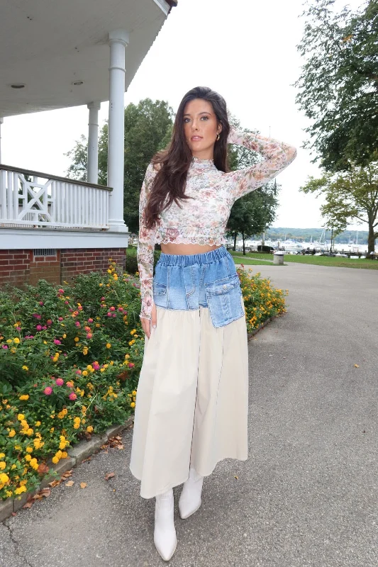 Two Tone Denim Cargo Pocket Maxi Skirt silk skirt sleek