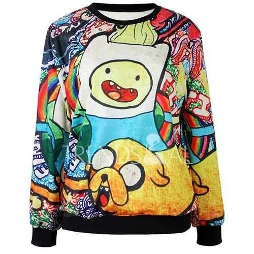 Stylish Jewel Neck Long Sleeves Cartoon Printed Sweatshirt For Women - One Size(fit Our Size) Hoodie with Slit Hem Functional Movement