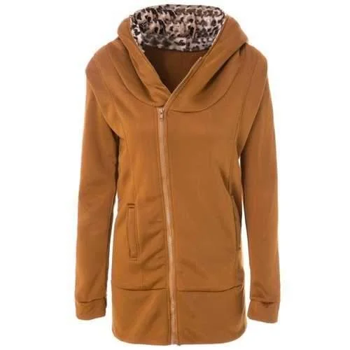 Stylish Long Sleeve Leopard Zippered Women's Hoodie - Earthy L Hoodie with Monochrome Minimalist Simple