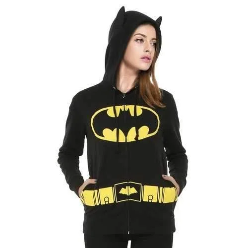 Stylish Hooded Long Sleeve Printed Pocket Design Women's Batman Hoodie - Black M Hoodie with Metallic Shiny Futuristic Stylish Hooded Long Sleeve Printed Pocket Design Women's Batman Hoodie - Black M Hoodie with Metallic Shiny Futuristic