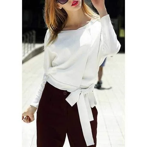 Stylish Scoop Neck Batwing Sleeve Self-Tie Bowknot Sweatshirt For Women - White S Cotton Hoodie Fleece Lining Warmth