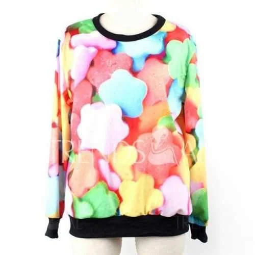 Long Sleeves Round Neck Multicolor Sweetmeats Pattern Print Relaxed Women's Sweatshirt - One Size Hoodie Dress Longline Feminine