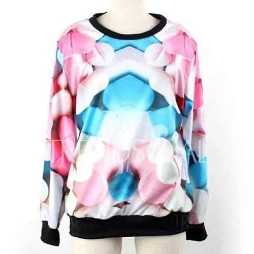 Long Sleeves Round Neck Pills Pattern Print Relaxed Women's Sweatshirt - One Size Hoodie with Strings Custom Fit Adjustable