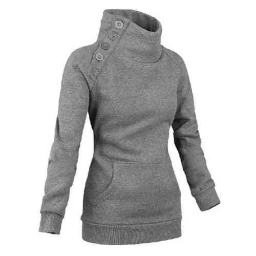 Long Sleeves High Neck Buttons Embellished Pockets Beam Waist Casual Women's Sweatshirt - Gray S Hoodie with Cropped Fit Short Trendy Long Sleeves High Neck Buttons Embellished Pockets Beam Waist Casual Women's Sweatshirt - Gray S Hoodie with Cropped Fit Short Trendy